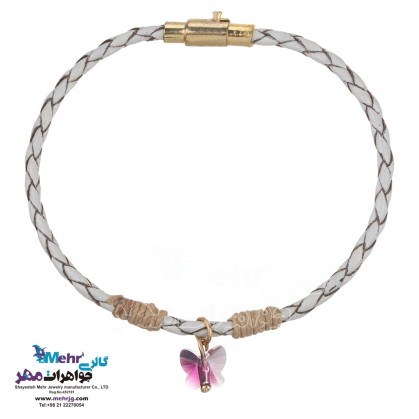 دستبند طلا و چرم - سنگ سواروسکی پروانه-MB0867